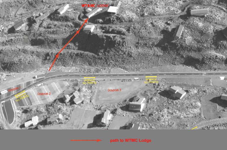 Aerial photograph showing walking route from Whakapapa carpark to WTMC lodge